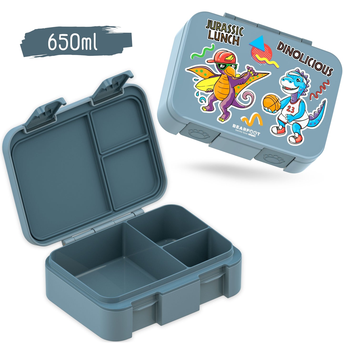 Lunch box with compartments, lightweight & leak-proof - Dinos blue