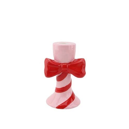 Bougeoir - Rayures avec Nœud - Rose/Rouge - 9x8x14cm