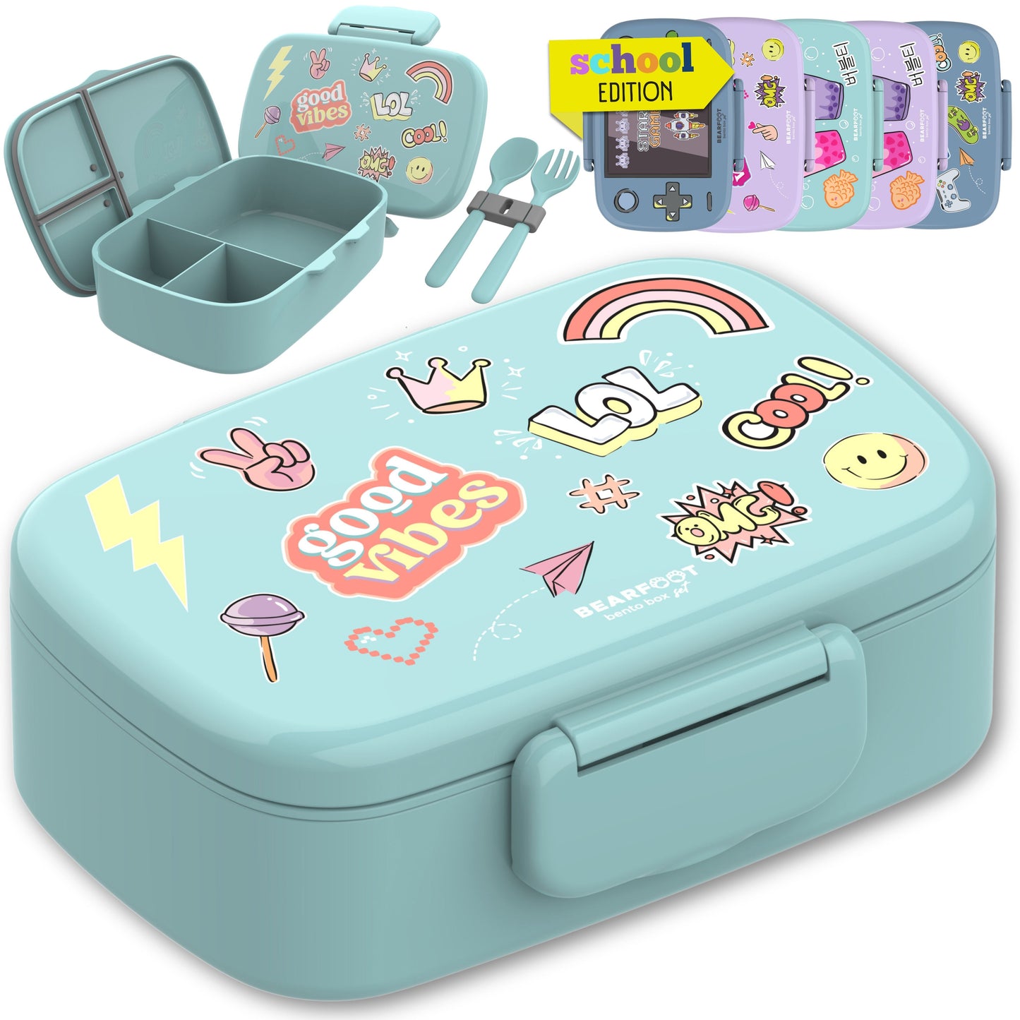 Kids' Bento Lunch Box with Compartments, Leak-Proof - Stickers, Mint