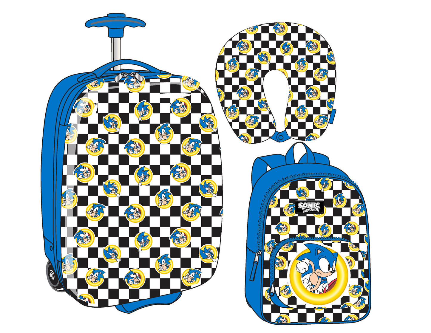Set de voyage Sonic : valise 2 roues, coussin cervical et sac à dos