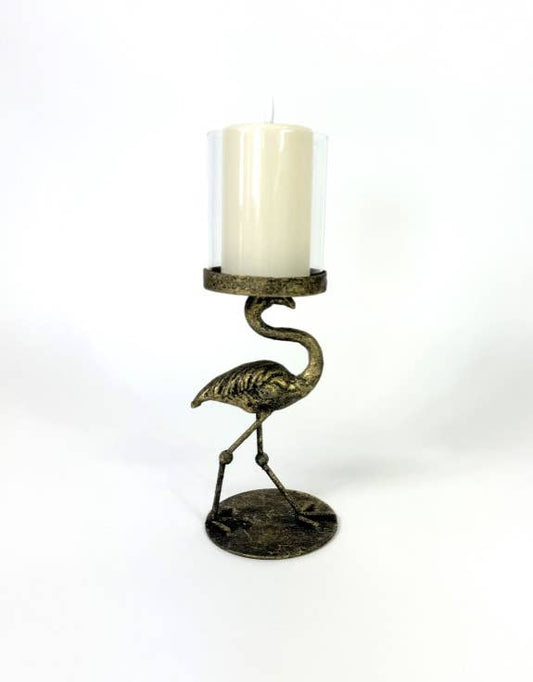 Candelabro antiguo en forma de flamenco con tapa de cristal