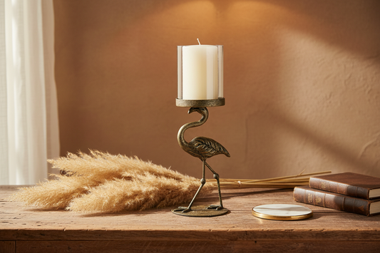 Antique flamingo-shaped candle holder with glass lid