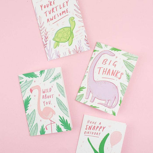 Tarjeta de felicitación de dinosaurio "Muchas gracias"