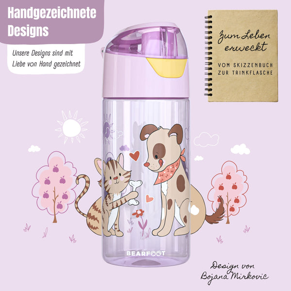 Trinkflasche Kinder leichte Wasserflasche - Hund & Katze pink
