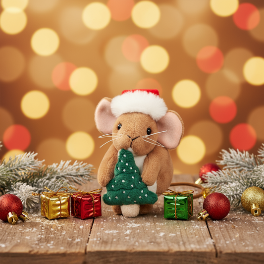 Ratón de peluche navideño con árbol de Navidad
