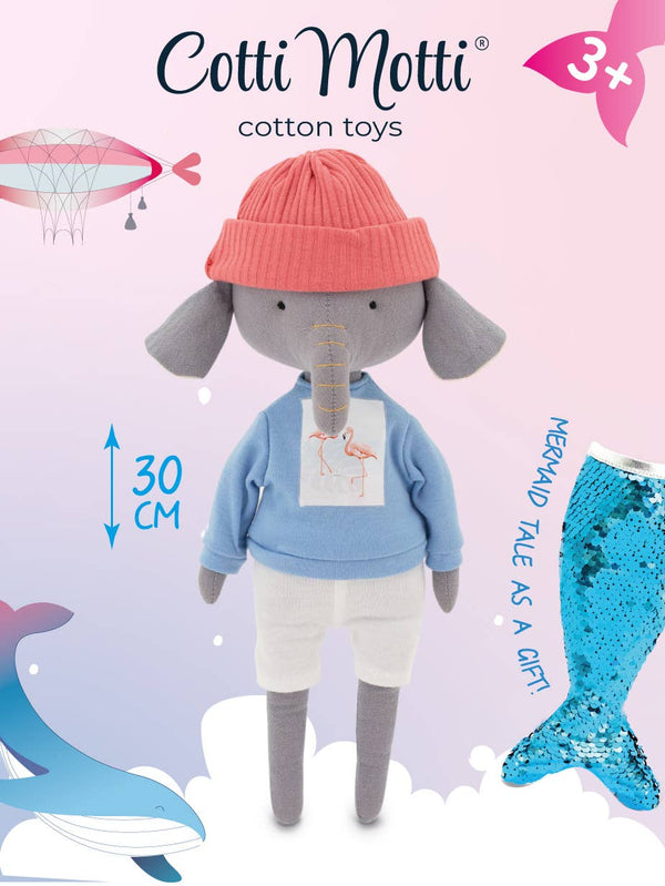 Pluche knuffel van Alice de Olifant met blauw T-shirt en zeemeerminstaart - 29 cm