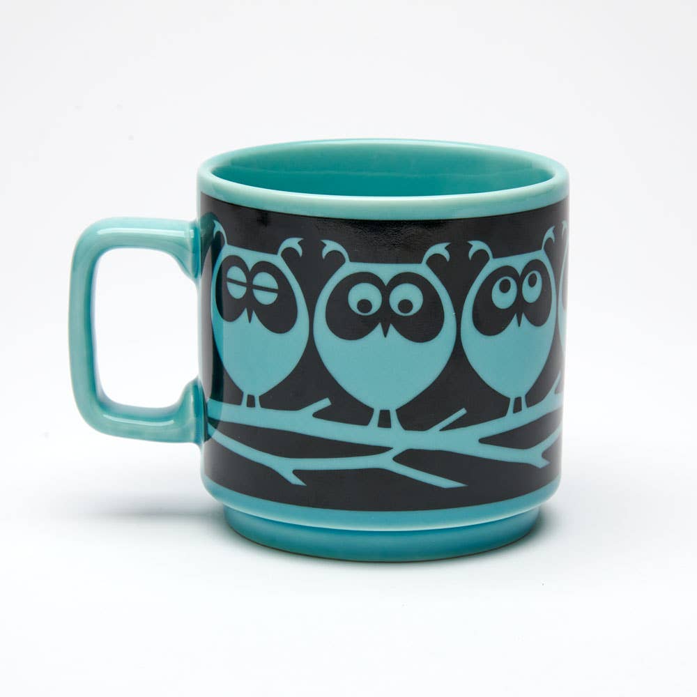 Tazza Magpie x Hornsea con gufo su ramo, verde acqua