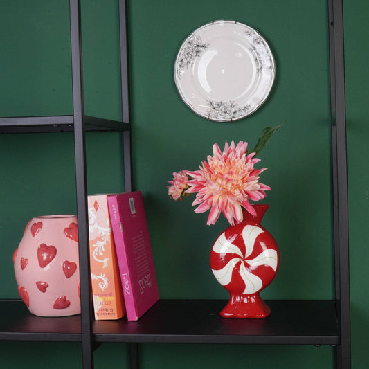 Florero - Caramelo - Cerámica - Rojo/Blanco - 12x6,5x20 cm