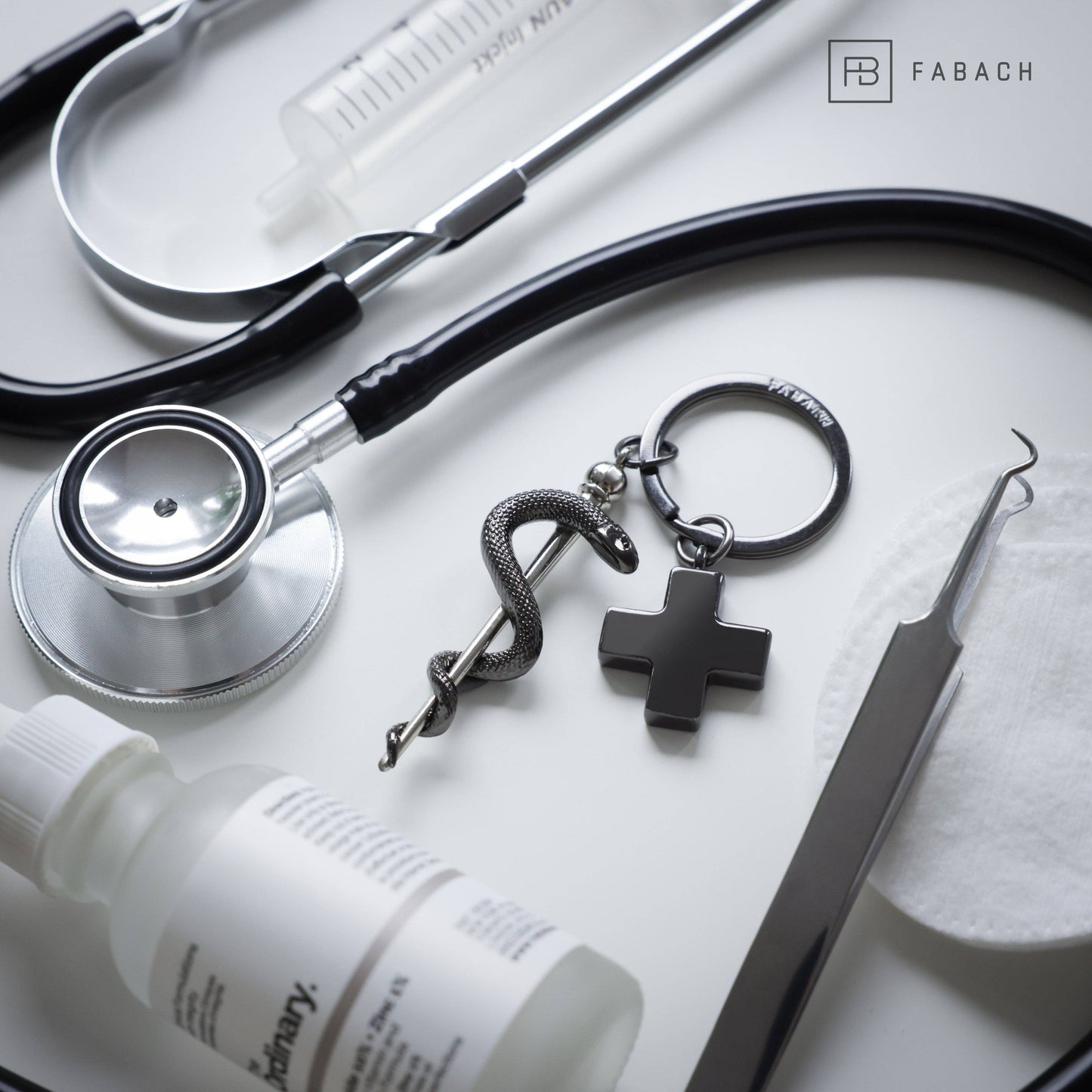 Rod of Aesculapius Keychain with Medical Cross