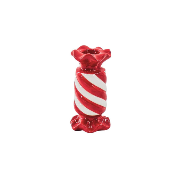 Bougeoir - Bonbon Toffee - Céramique - Rouge/Blanc - 7,5x7,5x13 cm