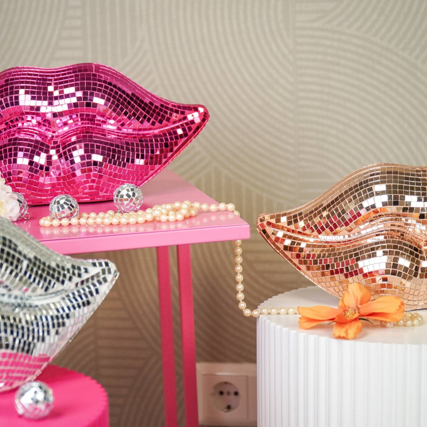 Adorno - Labios Disco - Cristal - Oro Rosa - 29x10x13,5 cm