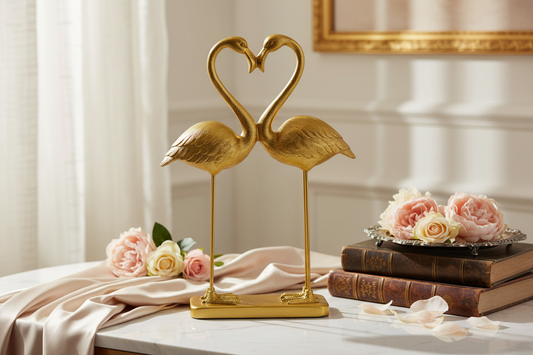 Pair of "Heart of Love" pink flamingos in antique gold