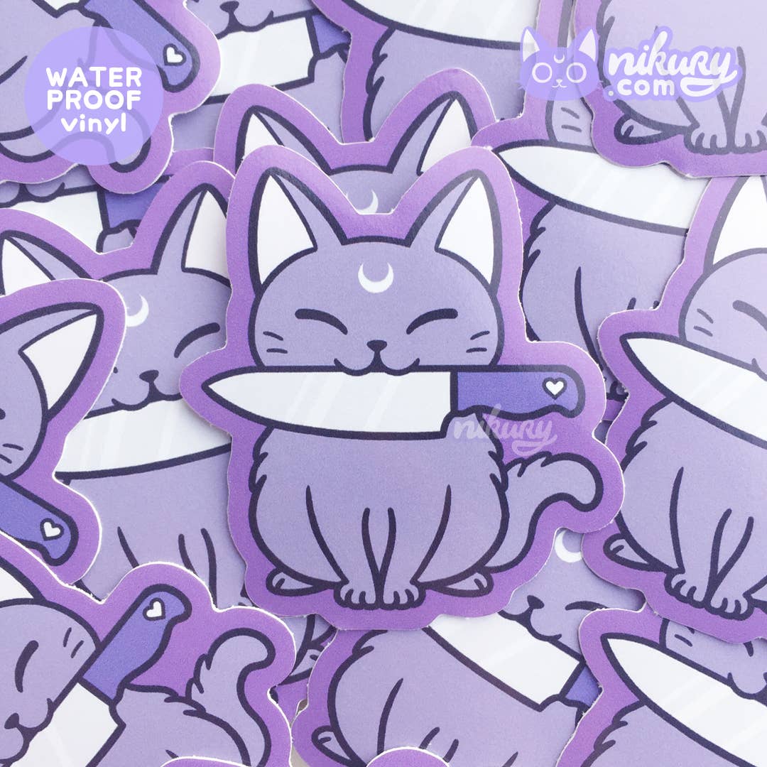 Pegatina de gato maullando negro con cuchillo