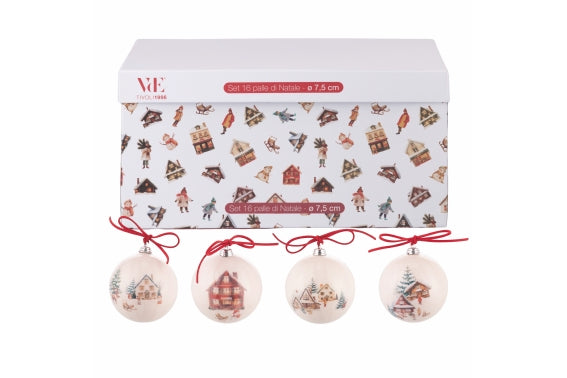 WINTER VILLAGE SET 16 BAUBLES 7.5CM 4 ASST - 5923905