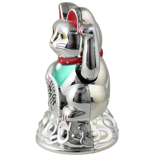 Chat chanceux solaire argenté 11cm