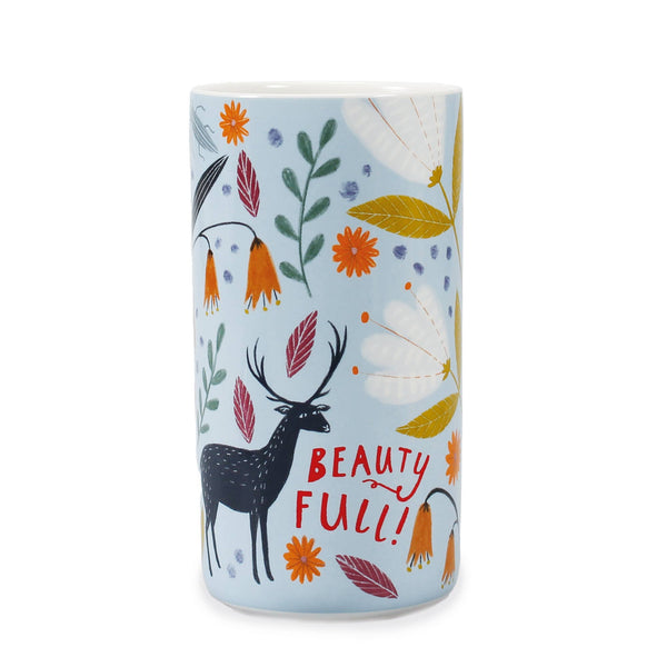 Jarrón de cerámica con estampado floral escandinavo y animales.