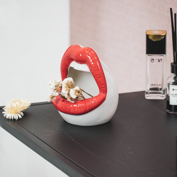 Pot - Rebord - Céramique - Rouge/Blanc -10x10x12