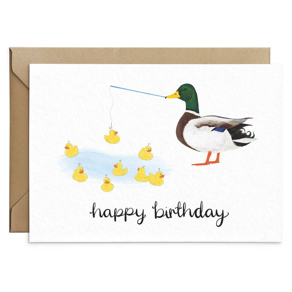 Biglietto di auguri di compleanno con anatra al gioco di pesca delle anatre