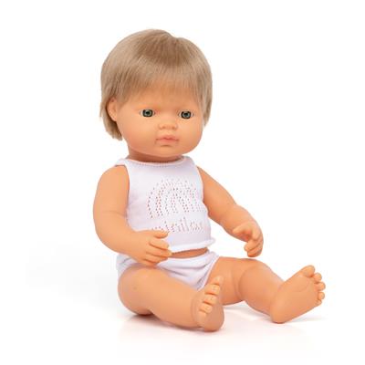 ML Poupées: POUPÉE GARCON EUROPEEN aux CHEVEUX BLOND FONCÉ 38cm, parfumée vanille, imperméable, poupée sexuée, en résine, en boîte cadeau. Made in Spain, 10m+