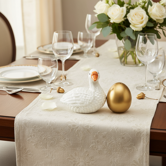 Sal y pimienta, ganso dorado y huevo