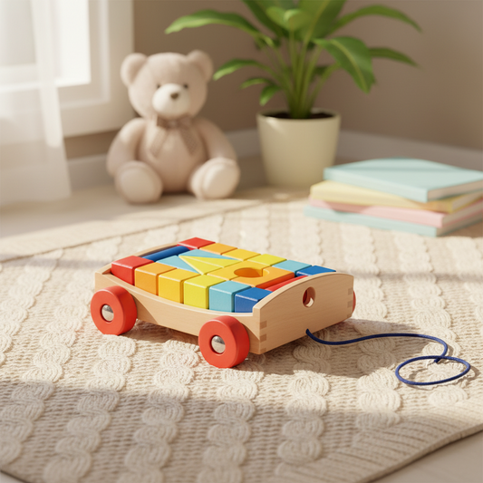 Carrinho de madeira com blocos de construção