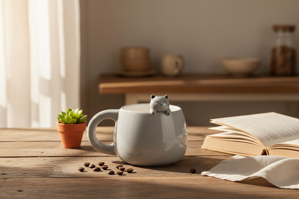 Mug with Grey Cat Figurine