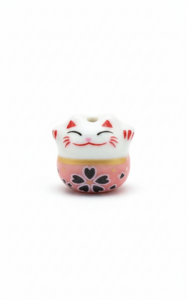 Perle Chat chanceux blanc et rose