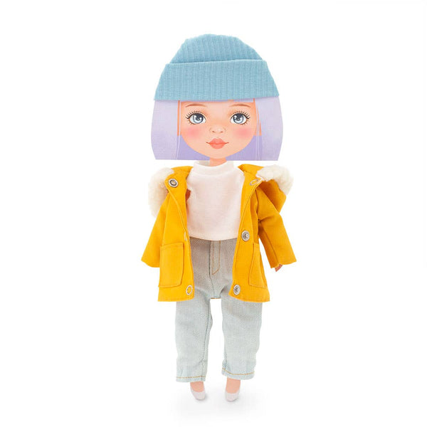 Ensemble vêtements : parka moutarde pour poupée 28 cm