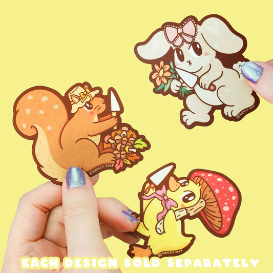 Pegatina de pato con champiñones y cuchillo