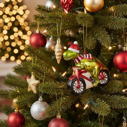 Bola navideña de dinosaurio en una bicicleta