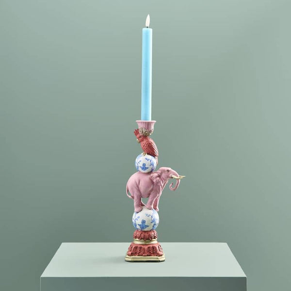 Bougeoir Oiseau sur Éléphant, Résine Rose, 13 x 9x30,5
