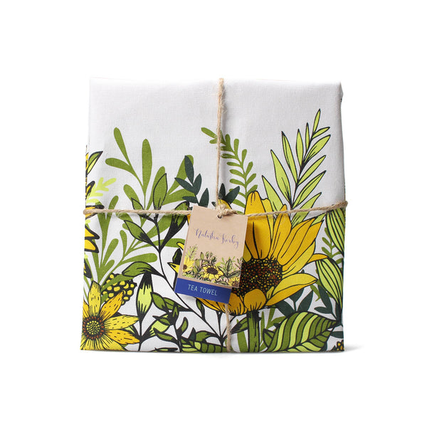 Bolsa de paño de cocina de algodón reciclado con girasoles, abejas y miel
