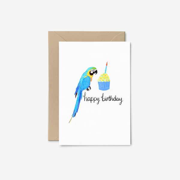 Biglietto di auguri di compleanno con pappagallo ara blu