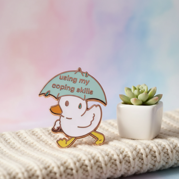 Spilla a forma di anatra bianca con ombrello "Usando il mio stile di coping"