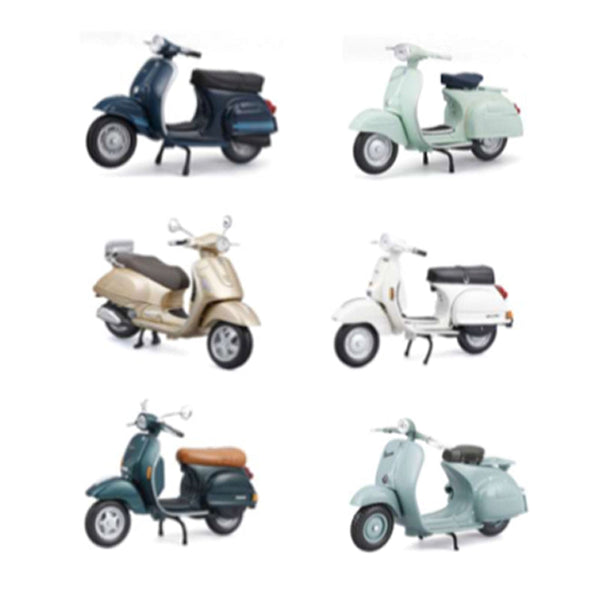 ASSORTIMENT DE SCOOTERS ET MOTOS VESPA 1:18 - DISTRIBUTEUR DE 12 PIÈCES