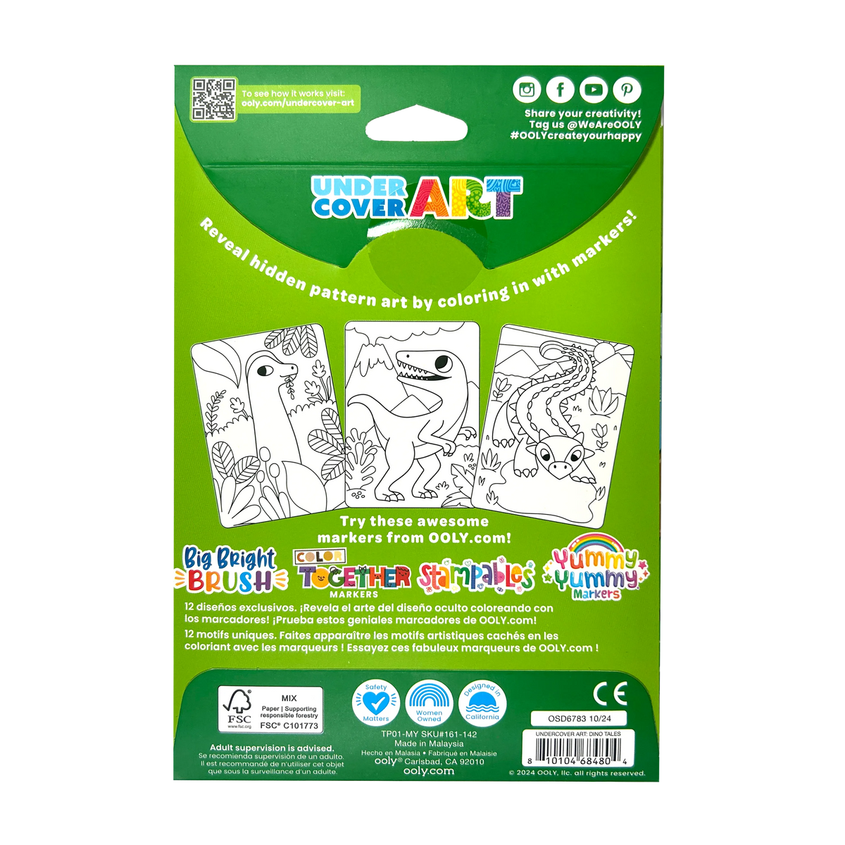 Cartes de coloriage à motifs cachés Undercover Art Dinosaures – Lot de 12 – OOLY