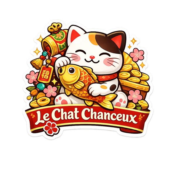 Sticker Maneki Neko kawaii avec poisson koi doré, pièces d’or, fleurs de cerisier et bannière Le Chat Chanceux.