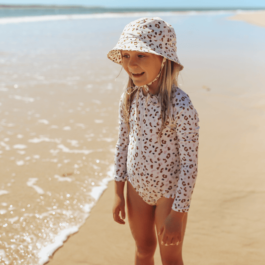 UV Swimsuit Girls With Sleeves - Khaki - Leopard