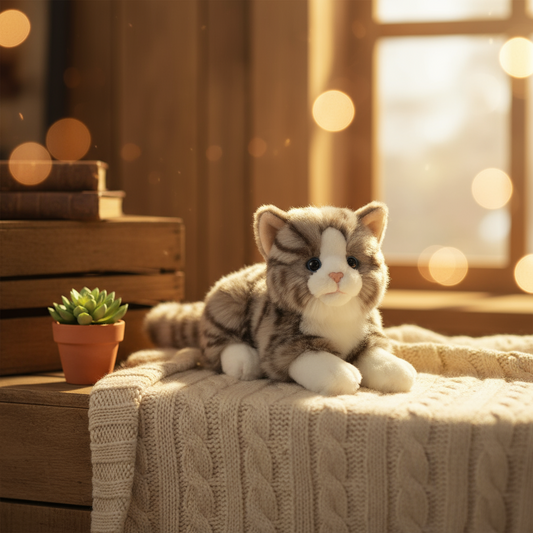 Peluche de gato gris durmiendo