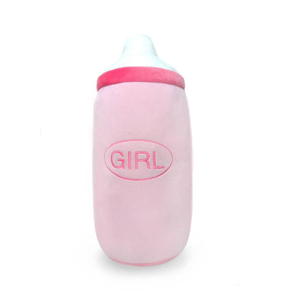 Almofada decorativa rosa em forma de biberão para meninas.
