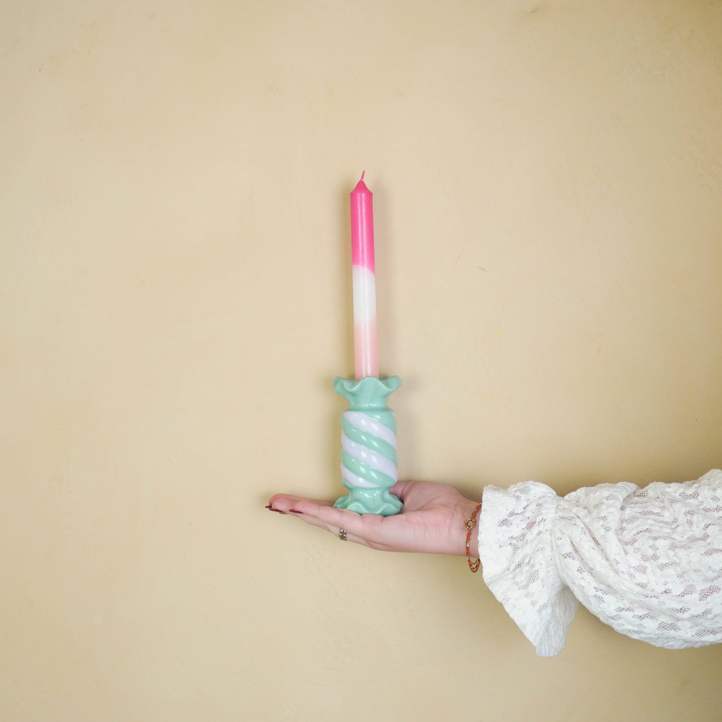 Candlestick - Toffee Candy - Ceramic - Mint/Lilac - 7.5x7.5x13 cm