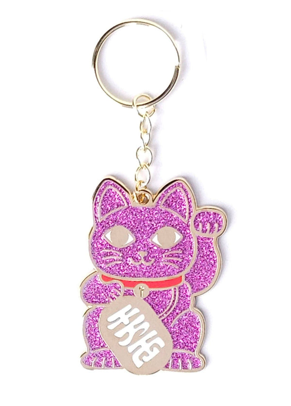 Portachiavi rosa glitterato a forma di gatto fortunato