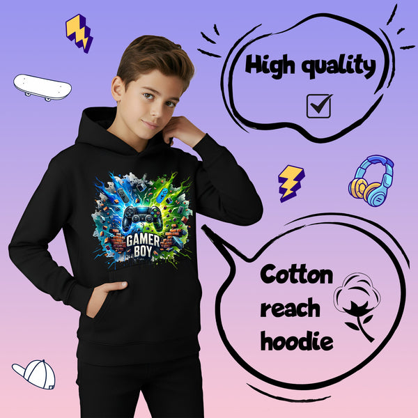 Sweat à capuche gaming – Fringoo gaming for Boys Cotton Rich Soft Hooded – gaming Boy Thunder noir