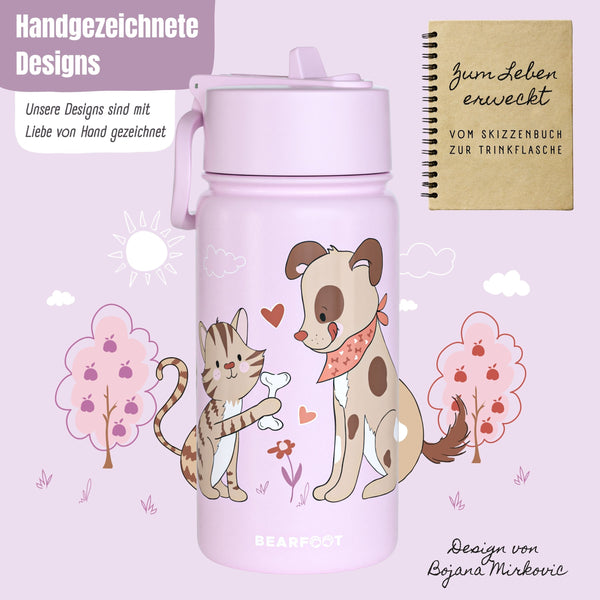 Thermo Kinder Trinkflasche Edelstahl - Hund&Katze lila
