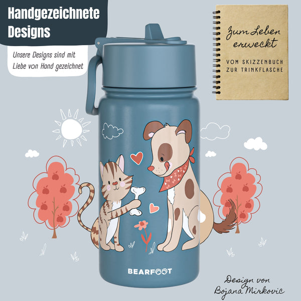 Thermo Kinder Trinkflasche Edelstahl - Hund & Katze blau