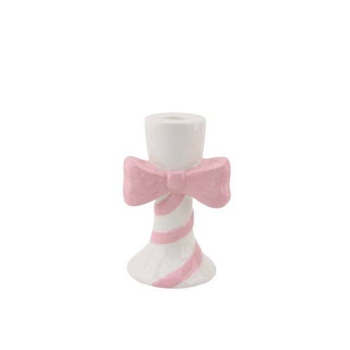 Bougeoir - Rayures avec Nœud - Blanc/Rose - 9x8x14cm