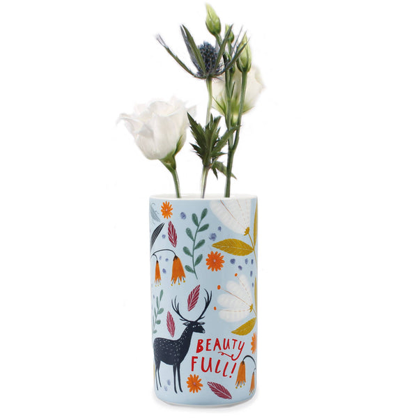 Jarrón de cerámica con estampado floral escandinavo y animales.