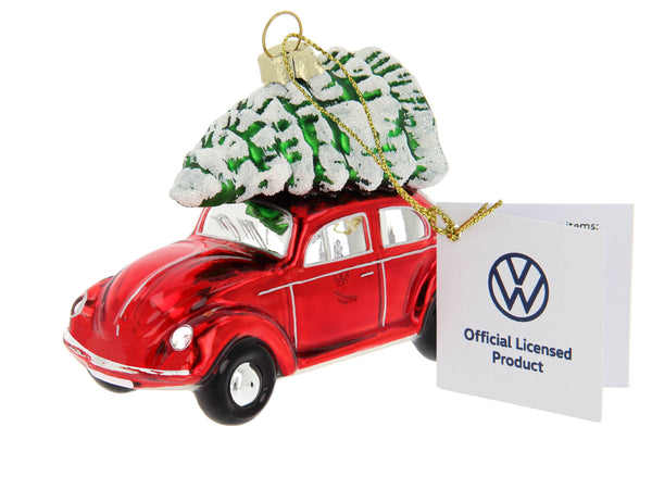 Decorazione natalizia a forma di Maggiolino VW rosso con albero di Natale
