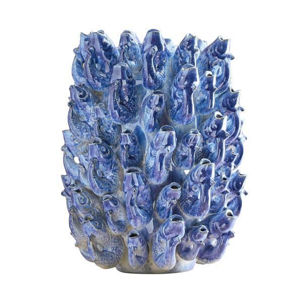 Vase banc de poissons, grès bleu, 24 x 24 x 32 cm