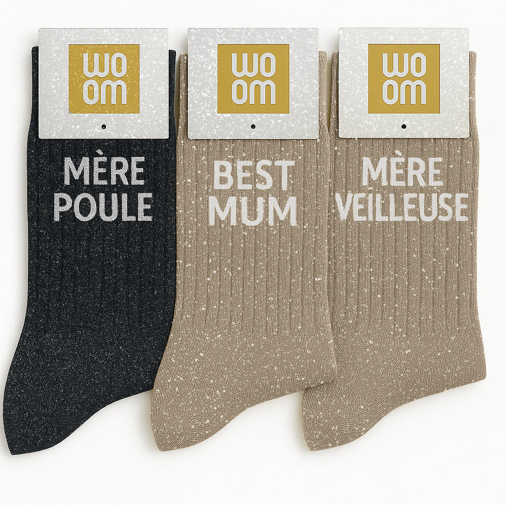 Chaussettes à Paillettes à Message "Mère Veilleuse" - Beige